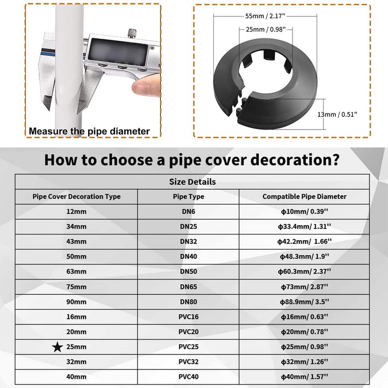 Juvielich 4Pcs PP Plastic Flange Cover Decoration Black Escutcheon Collar Radiator Wall Pipe Tube Decoration for 0.98""/25mm Pipe - Image 2